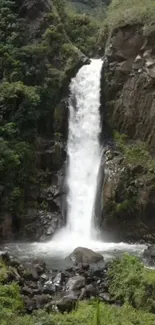 A serene waterfall flowing amidst lush greenery and rocky cliffs.