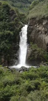 Serene waterfall surrounded by lush greenery and rocky cliffs.