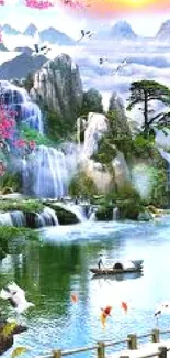 Tranquil waterfall landscape with vibrant nature in mobile wallpaper.