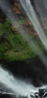 Serene mobile wallpaper with a lush waterfall and greenery.