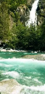 Serene waterfall with teal waters flowing through lush greenery