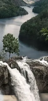 Serene landscape wallpaper with waterfall, river, and greenery.