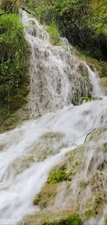 Serene waterfall cascading over lush green mossy rocks.