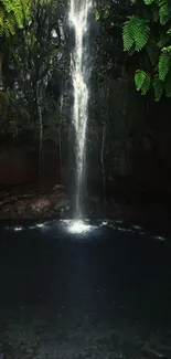 Tranquil waterfall flowing into a serene, dark pool in lush forest.