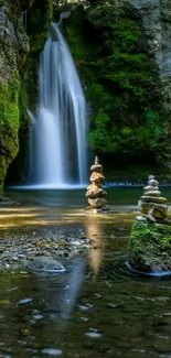 Waterfall with rocks and moss in a forest setting as a phone wallpaper.