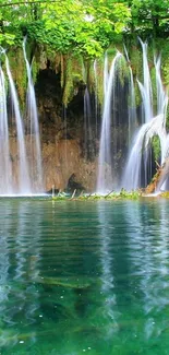 Serene waterfall with lush greenery and clear water reflection.