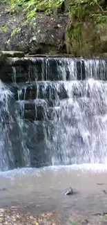 Serene waterfall cascading over stones with green foliage.