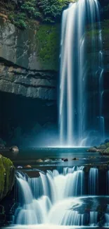 Serene waterfall framed by green, cascading into a tranquil pool.