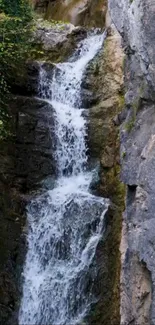 Serene waterfall cascading down rocks in a lush natural setting.