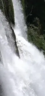 Serene waterfall cascading with lush greenery background.