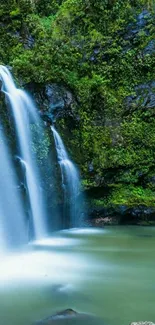 Serene waterfall cascading through a lush green forest.