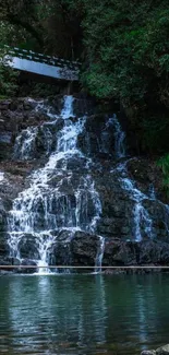 Serene waterfall in a lush forest setting, ideal for calming backgrounds.