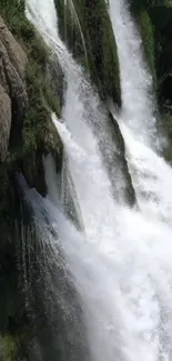 Cascading waterfall surrounded by lush greenery in a calming scene.