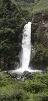 Beautiful waterfall amidst lush greenery in a serene landscape.