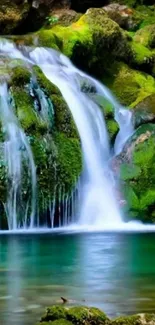 Tranquil waterfall flowing over mossy rocks with lush greenery.