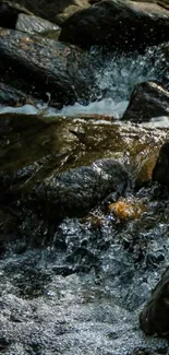 Cascading waterfall over rocks in a serene natural setting.