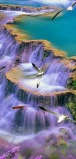 Breathtaking waterfall with purple hues and turquoise pools.