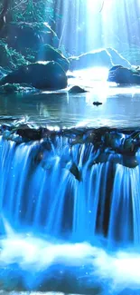 Vibrant blue waterfall in a serene nature setting for mobile wallpaper.