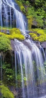 Serene waterfall amidst lush green foliage wallpaper.