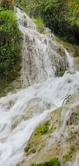 Serene waterfall with lush green surroundings and cascading water.