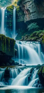 Serene waterfall cascading amidst lush, green forest.