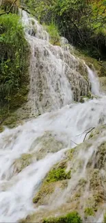 Waterfall cascades over green mossy rocks.