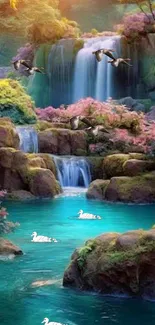 Serene waterfall with turquoise water and vibrant landscape.