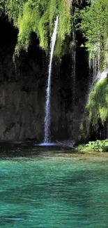 Serene waterfall cascading into turquoise pool surrounded by lush greenery.