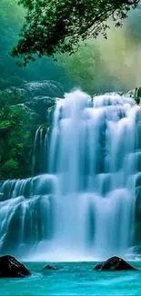 Serene waterfall with lush greenery and cascading waters in vibrant scenery.