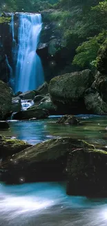 Tranquil waterfall in lush forest setting, perfect as a mobile wallpaper.