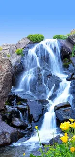 Waterfall with rocks and yellow flowers in vibrant nature setting.