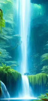 Serene waterfall surrounded by lush greenery.