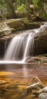 Serene waterfall in lush forest landscape.