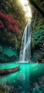 Waterfall and boat in lush tropical scenery wallpaper.