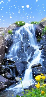 Serene waterfall cascading down rocks with vibrant greenery and flowers.