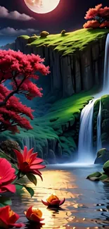 Serene waterfall under moonlight with vibrant flowers and lush greenery.