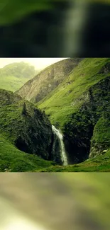 Beautiful green mountain with waterfall for phone wallpaper.