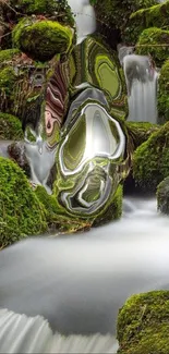 Digital art of a serene waterfall with mossy rocks and cascading water.