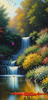 Serene waterfall with vibrant autumn foliage and butterflies on a mural.