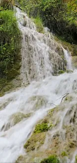 Serene waterfall over mossy rocks with lush green foliage.