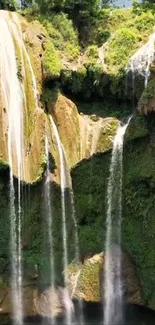 A lush green waterfall in a forest setting.