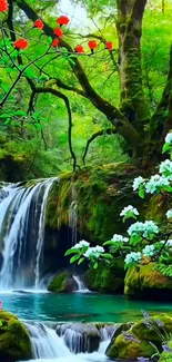 Lush green surrounding waterfall with colorful blossoms.