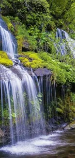 Mobile wallpaper featuring a serene waterfall surrounded by lush greenery.