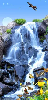 Mobile wallpaper of a tranquil waterfall with butterflies and blue sky.