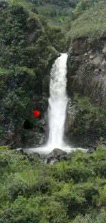 Beautiful waterfall amidst lush greenery with a serene atmosphere.