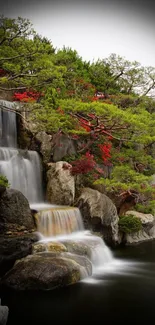 Serene waterfall with lush greenery and rocks in a nature scene.