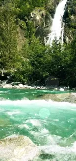 Turquoise waterfall in lush forest landscape.