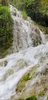 Serene waterfall cascading over lush green foliage in a tranquil nature setting.