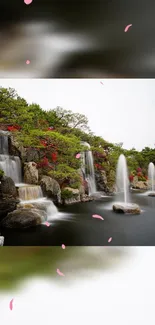 Serene waterfall with lush greenery and blossoms, ideal for a nature wallpaper.