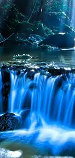 Blue waterfall in a lush forest setting, exuding serenity and tranquility.